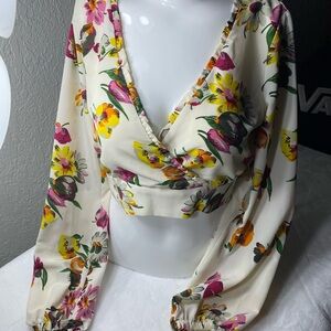 Zara Pink and Yellow Long Sleeve Crop Wrap Blouse
